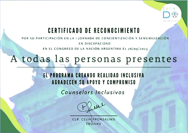 Certificado de asistencia a la primera jornada de concientización y sensibilización en Discapacidad realizada en el Senado Argentino.